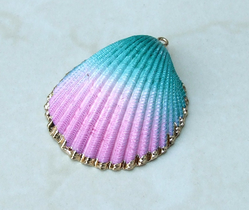 Hand Painted Natural Sea Shell Pendant, Seashell Bead, Shell Pendant, Charm, Clam Shell, Shell Jewelry, Pink and Green - 35-40mm - 04B - EDGBeadsandGems