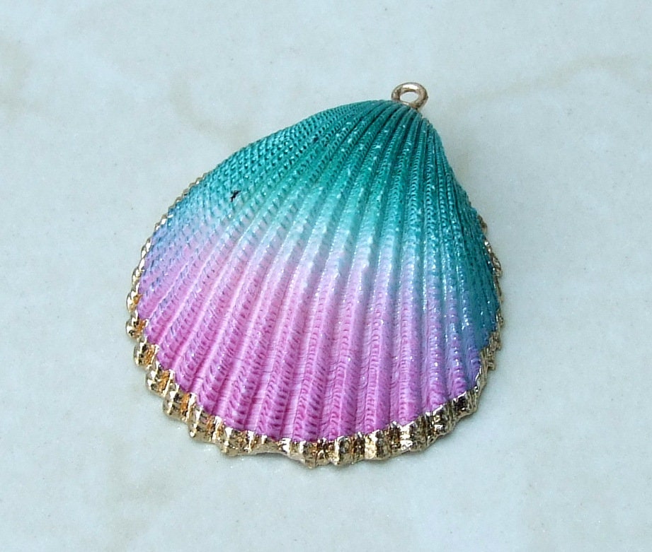 Hand Painted Natural Sea Shell Pendant, Seashell Bead, Shell Pendant, Charm, Clam Shell, Shell Jewelry, Pink and Green - 35-40mm - 04B - EDGBeadsandGems
