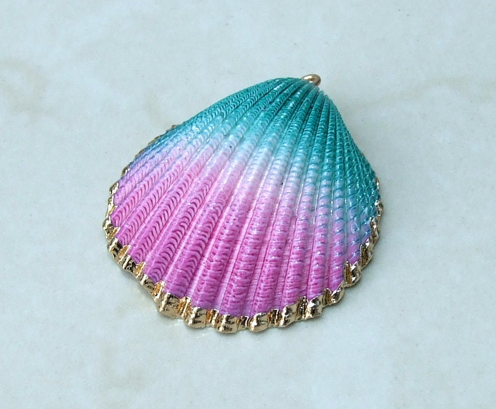 Hand Painted Natural Sea Shell Pendant, Seashell Bead, Shell Pendant, Charm, Clam Shell, Shell Jewelry, Pink and Green - 35-40mm - 04B - EDGBeadsandGems