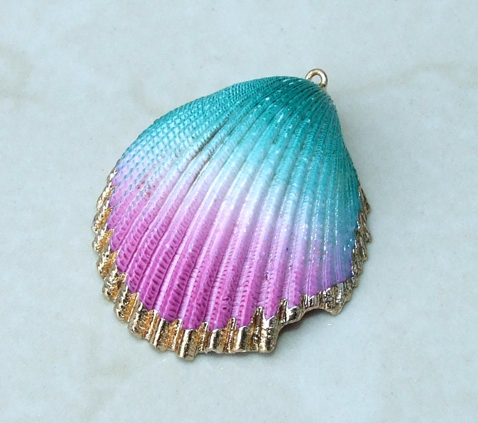 Hand Painted Natural Sea Shell Pendant, Seashell Bead, Shell Pendant, Charm, Clam Shell, Shell Jewelry, Pink and Green - 35-40mm - 04B - EDGBeadsandGems