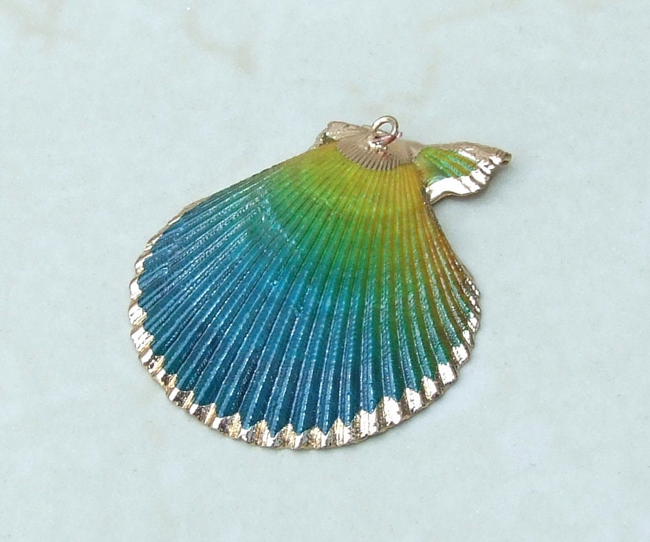 Hand Painted Scallop Shell Pendant, Gold Edge Loop, Natural Seashell, Seashell Necklace, Beach Jewelry, Ocean Seashell, 45mm, 55mm 62-05F - EDGBeadsandGems