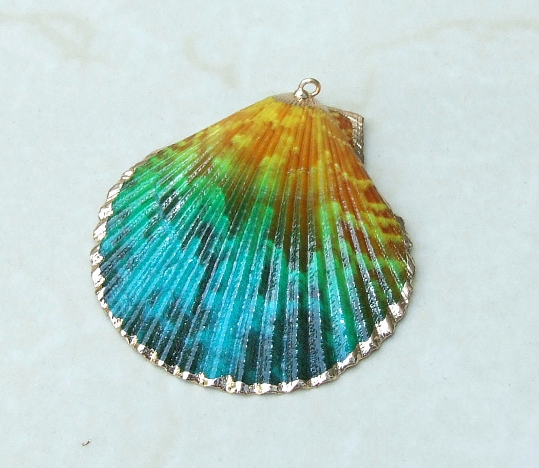 Hand Painted Scallop Shell Pendant, Gold Edge Loop, Natural Seashell, Seashell Necklace, Beach Jewelry, Ocean Seashell, 45mm, 55mm 62-05F - EDGBeadsandGems