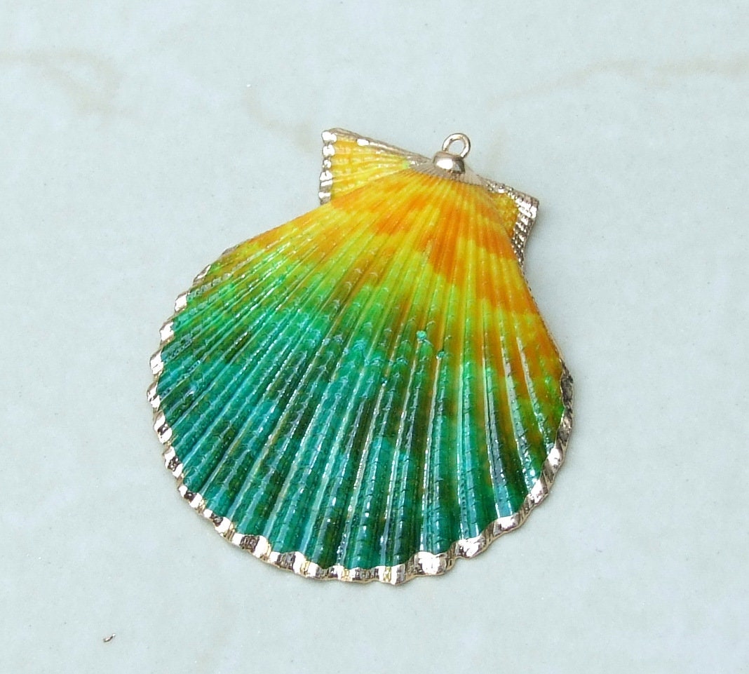 Hand Painted Scallop Shell Pendant, Gold Edge Loop, Natural Seashell, Seashell Necklace, Beach Jewelry, Ocean Seashell, 45mm, 55mm 62-05F - EDGBeadsandGems