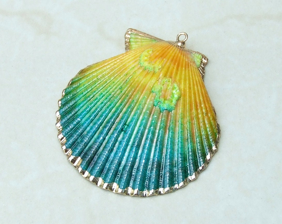 Hand Painted Scallop Shell Pendant, Gold Edge Loop, Natural Seashell, Seashell Necklace, Beach Jewelry, Ocean Seashell, 45mm, 55mm 62-05F - EDGBeadsandGems