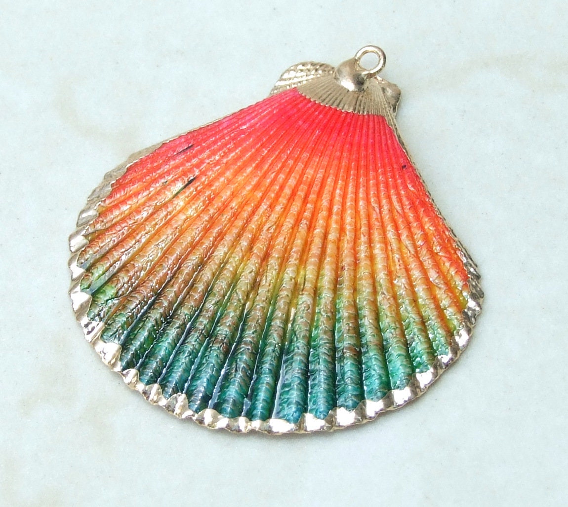 Pink And Green Hand Painted Ocean Inspired SCALLOP SHELL JEWELRY, Natural Gold Plated Edge Loop Pendant, Beachy Necklace, Gift For Her 05D - EDGBeadsandGems