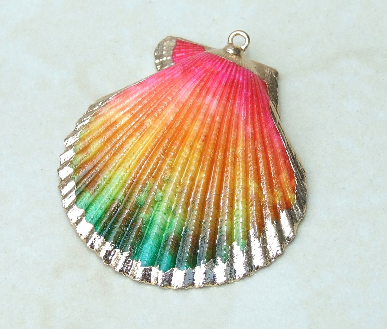 Pink And Green Hand Painted Ocean Inspired SCALLOP SHELL JEWELRY, Natural Gold Plated Edge Loop Pendant, Beachy Necklace, Gift For Her 05D - EDGBeadsandGems