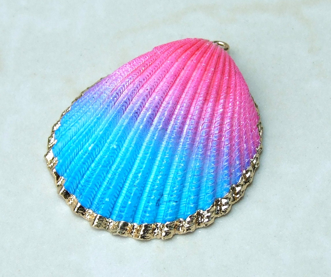 Hand Painted Natural Sea Shell Pendant, Seashell Bead, Shell Pendant, Charm, Clam Shell, Shell Jewelry, Pink and Blue - 35-40mm - 04A - EDGBeadsandGems