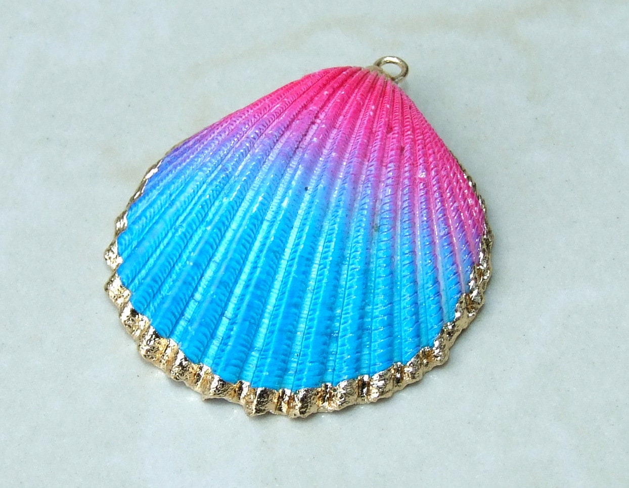 Hand Painted Natural Sea Shell Pendant, Seashell Bead, Shell Pendant, Charm, Clam Shell, Shell Jewelry, Pink and Blue - 35-40mm - 04A - EDGBeadsandGems