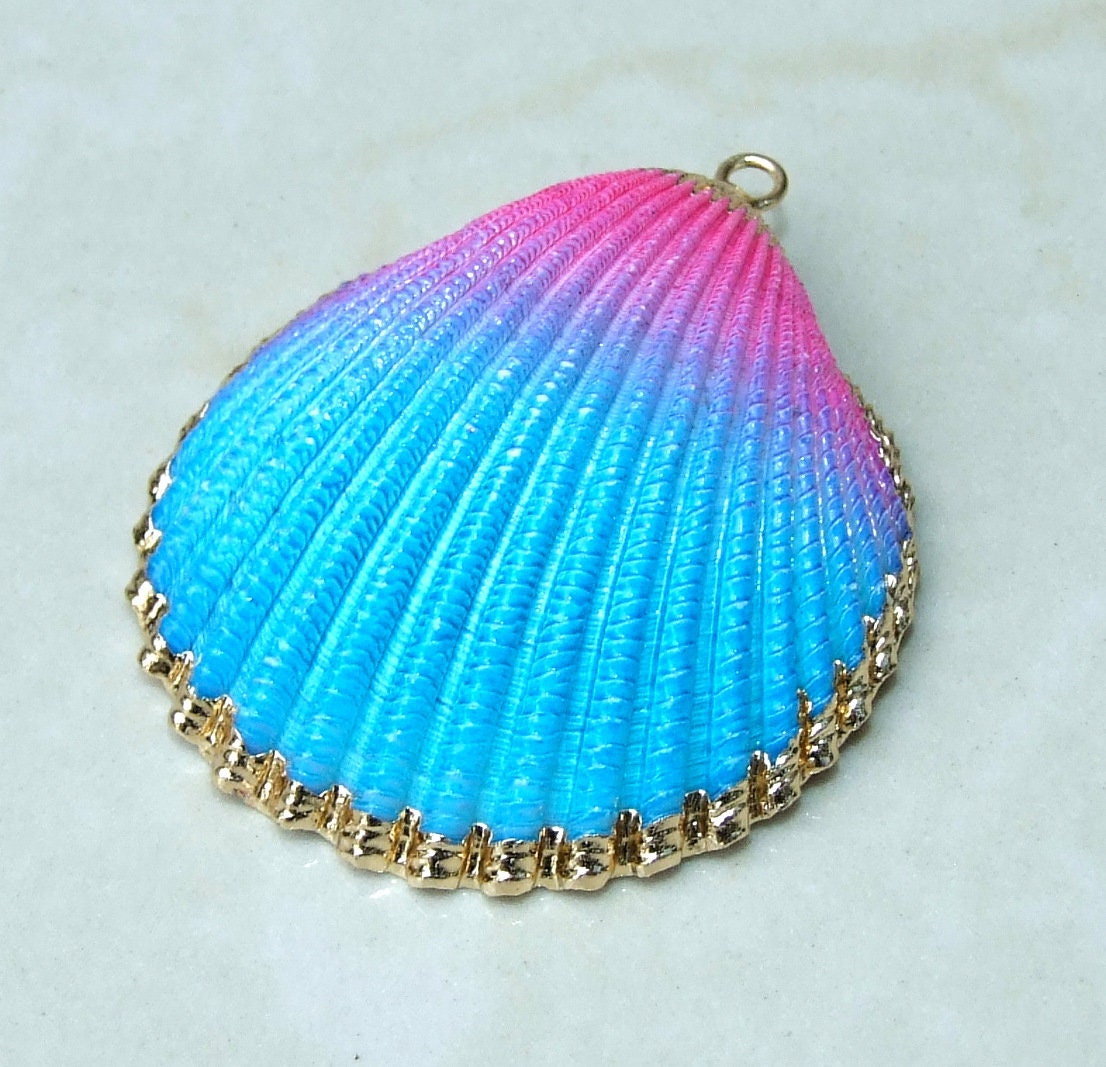 Hand Painted Natural Sea Shell Pendant, Seashell Bead, Shell Pendant, Charm, Clam Shell, Shell Jewelry, Pink and Blue - 35-40mm - 04A - EDGBeadsandGems