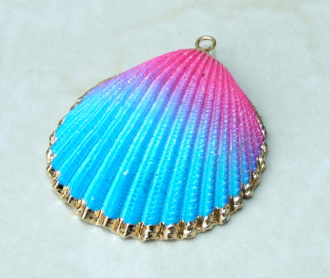 Hand Painted Natural Sea Shell Pendant, Seashell Bead, Shell Pendant, Charm, Clam Shell, Shell Jewelry, Pink and Blue - 35-40mm - 04A - EDGBeadsandGems