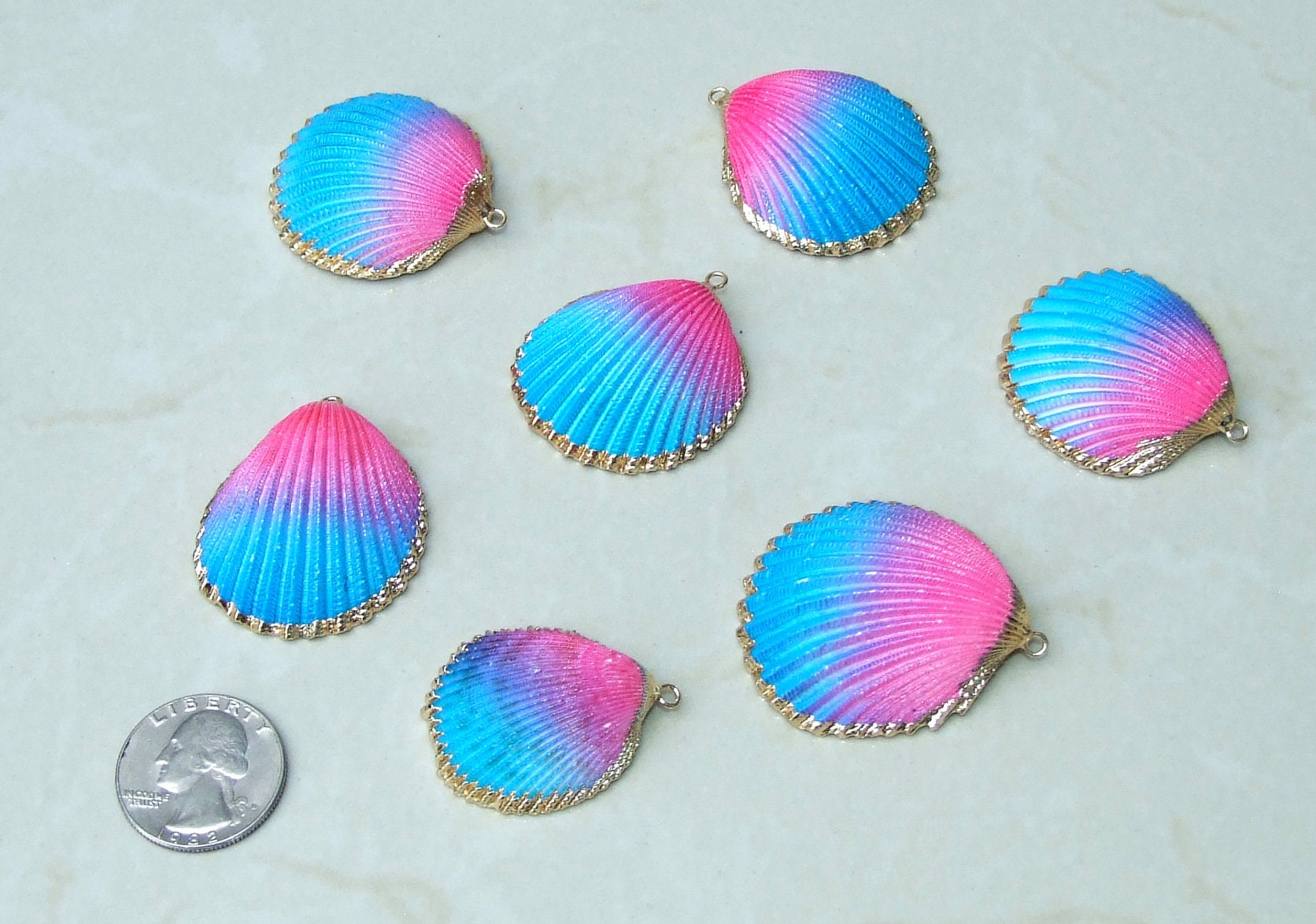 Hand Painted Natural Sea Shell Pendant, Seashell Bead, Shell Pendant, Charm, Clam Shell, Shell Jewelry, Pink and Blue - 35-40mm - 04A - EDGBeadsandGems