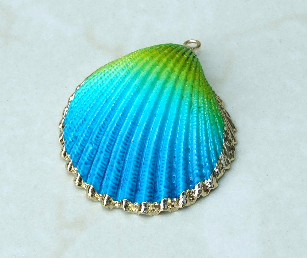Hand Painted Natural Sea Shell Pendant, Seashell Bead, Shell Pendant, Charm, Clam Shell, Shell Jewelry, Yellow and Blue - 35-40mm - 04C - EDGBeadsandGems
