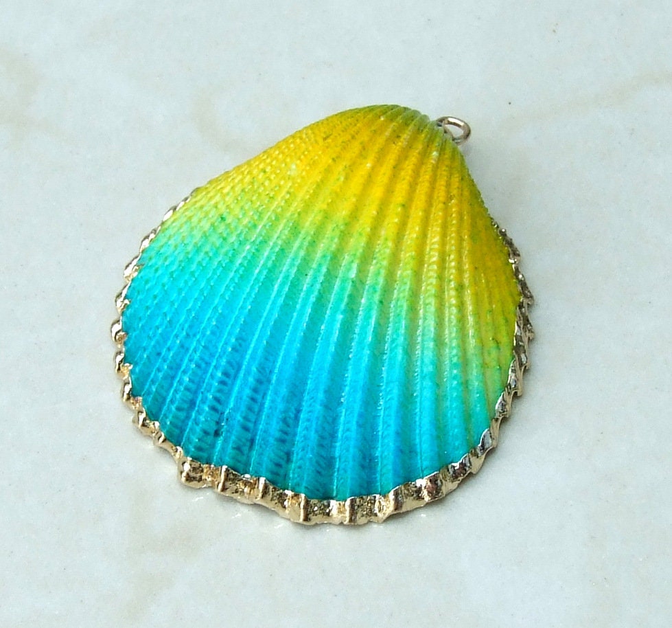 Hand Painted Natural Sea Shell Pendant, Seashell Bead, Shell Pendant, Charm, Clam Shell, Shell Jewelry, Yellow and Blue - 35-40mm - 04C - EDGBeadsandGems