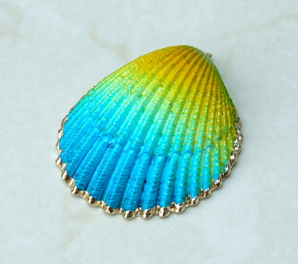 Hand Painted Natural Sea Shell Pendant, Seashell Bead, Shell Pendant, Charm, Clam Shell, Shell Jewelry, Yellow and Blue - 35-40mm - 04C - EDGBeadsandGems