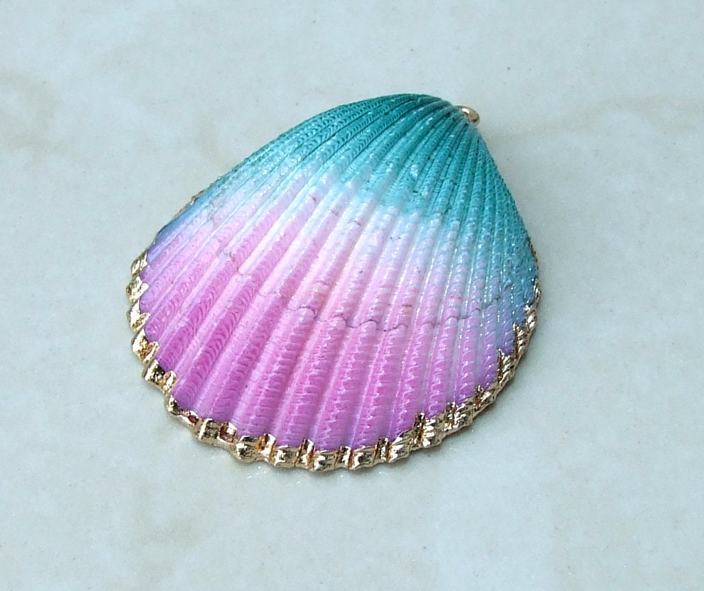 Hand Painted Natural Sea Shell Pendant, Seashell Bead, Shell Pendant, Charm, Clam Shell, Shell Jewelry, Pink and Green - 35-40mm - 04B - EDGBeadsandGems