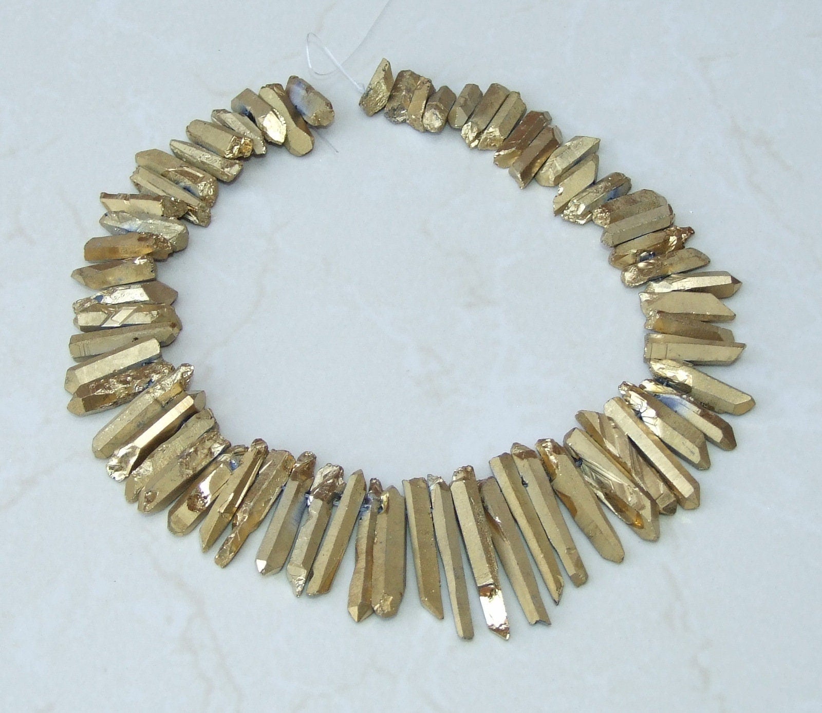 Thin Gold Titanium Quartz Cluster Point, Quartz Points Strand, Raw Quartz Points Drilled, Quartz Crystal Points Strand of Beads, 20-38mm - EDGBeadsandGems