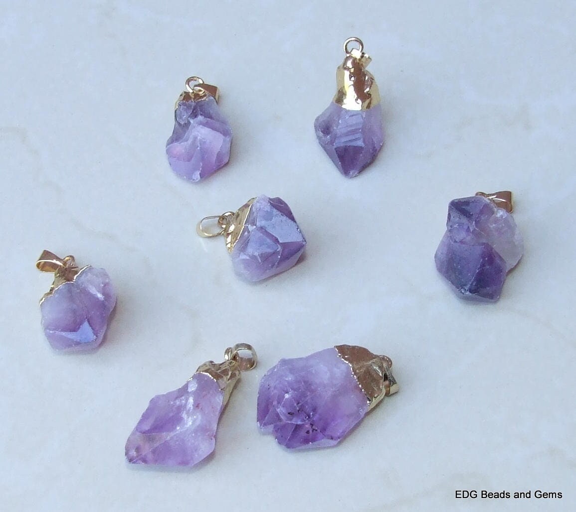 Small Amethyst Nugget Pendant - Crystal Quartz - Natural - Raw - Purple - Quartz Nugget Pendant - Gold Plated Bail - 25-35mm - EDGBeadsandGems