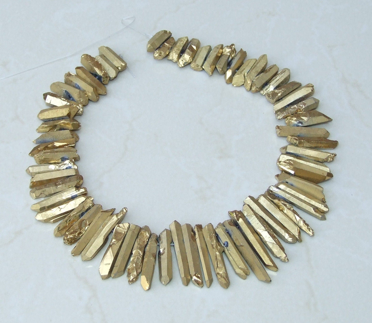 Thin Gold Titanium Quartz Cluster Point, Quartz Points Strand, Raw Quartz Points Drilled, Quartz Crystal Points Strand of Beads, 20-38mm - EDGBeadsandGems