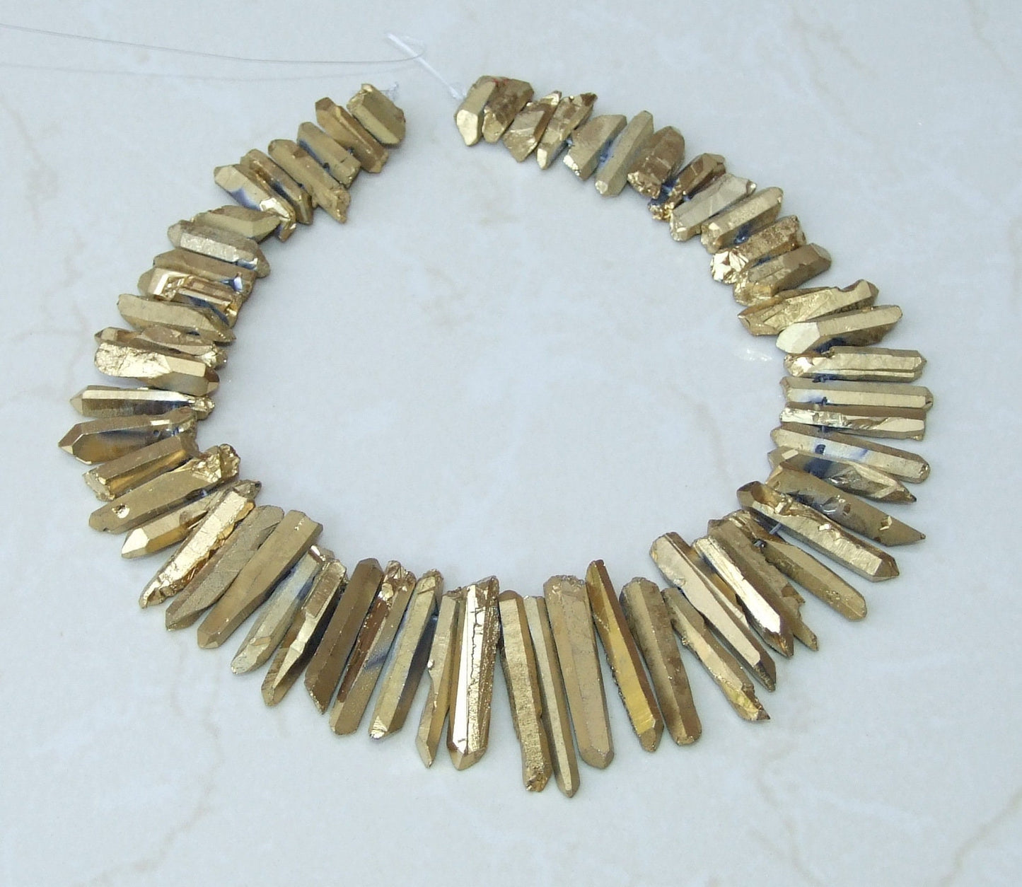 Thin Gold Titanium Quartz Cluster Point, Quartz Points Strand, Raw Quartz Points Drilled, Quartz Crystal Points Strand of Beads, 20-38mm - EDGBeadsandGems