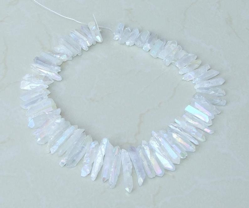 Clear AB Titanium Quartz Cluster Point, Angel Aura Points Strand, Raw Quartz Points Drilled, Quartz Crystals Points Strand of Beads 20-40mm - EDGBeadsandGems