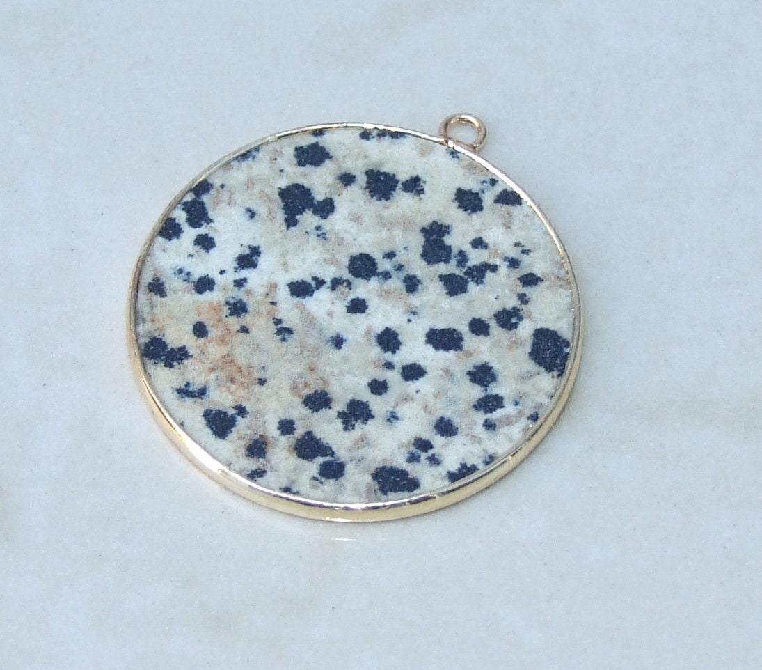 Dalmatian Jasper Pendant, Gemstone Pendant, Slice Pendant, Gold Plated Bezel and Bail, Round Pendant, Thin and Polished - 30mm - EDGBeadsandGems