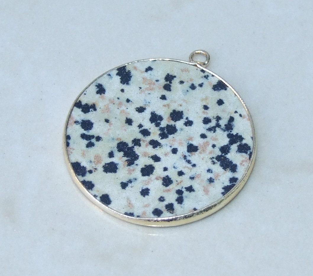 Dalmatian Jasper Pendant, Gemstone Pendant, Slice Pendant, Gold Plated Bezel and Bail, Round Pendant, Thin and Polished - 30mm - EDGBeadsandGems