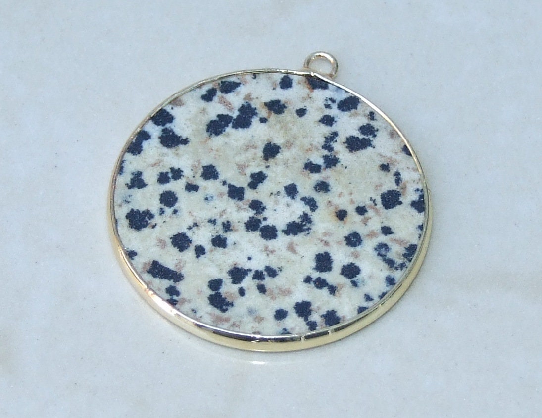 Dalmatian Jasper Pendant, Gemstone Pendant, Slice Pendant, Gold Plated Bezel and Bail, Round Pendant, Thin and Polished - 30mm - EDGBeadsandGems