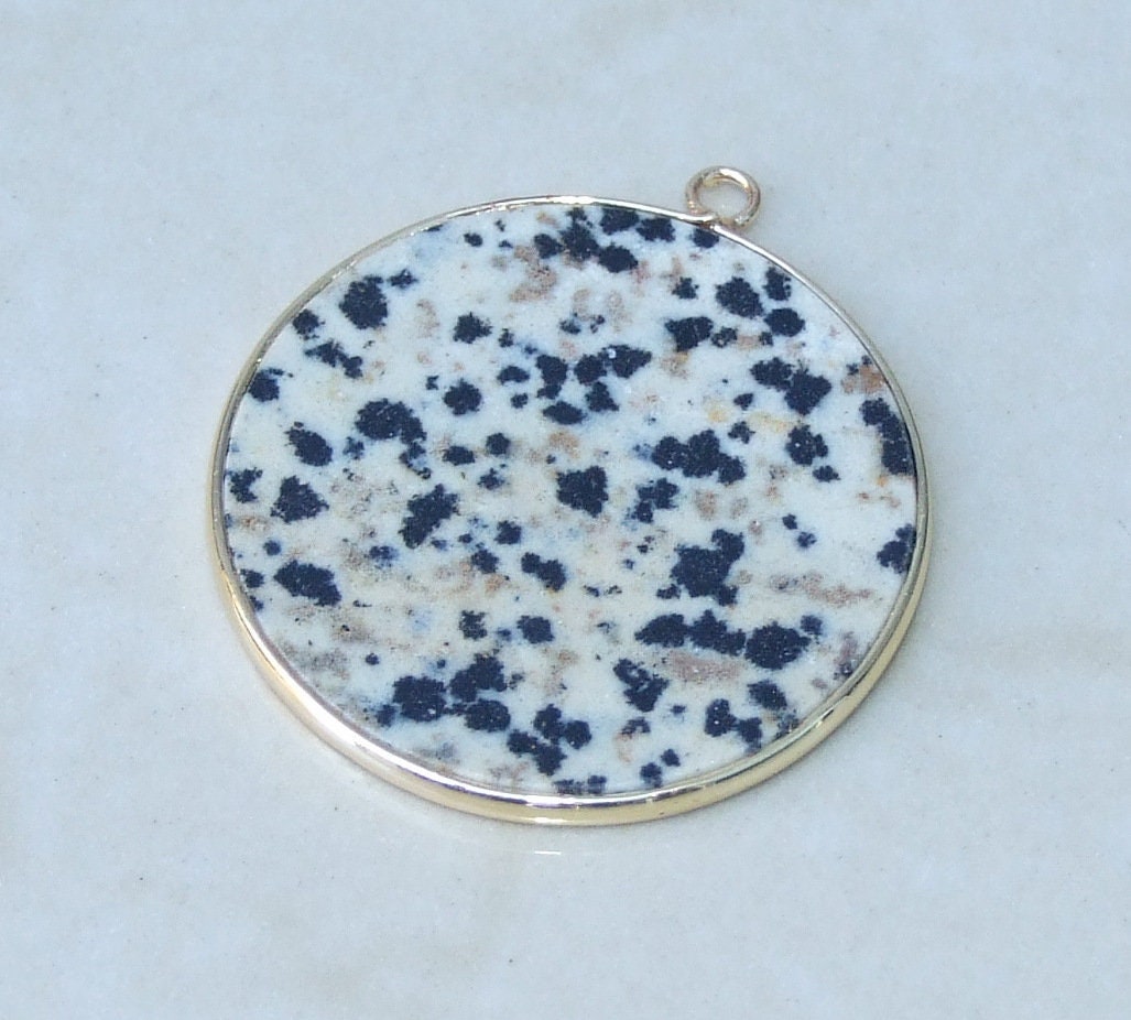 Dalmatian Jasper Pendant, Gemstone Pendant, Slice Pendant, Gold Plated Bezel and Bail, Round Pendant, Thin and Polished - 30mm - EDGBeadsandGems