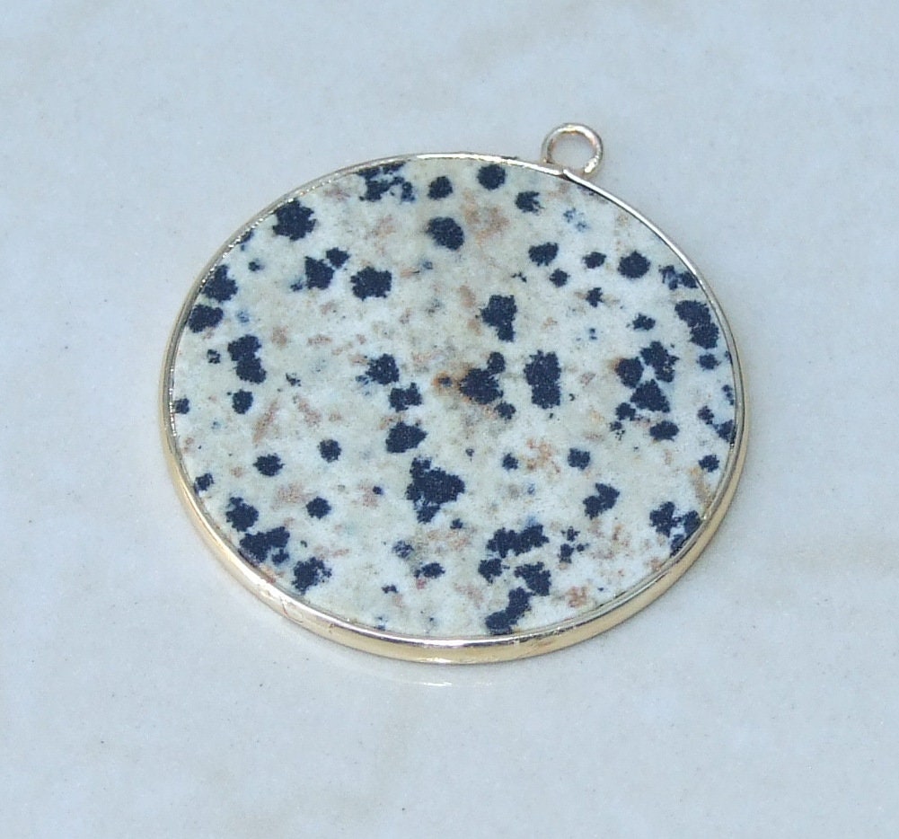 Dalmatian Jasper Pendant, Gemstone Pendant, Slice Pendant, Gold Plated Bezel and Bail, Round Pendant, Thin and Polished - 30mm - EDGBeadsandGems