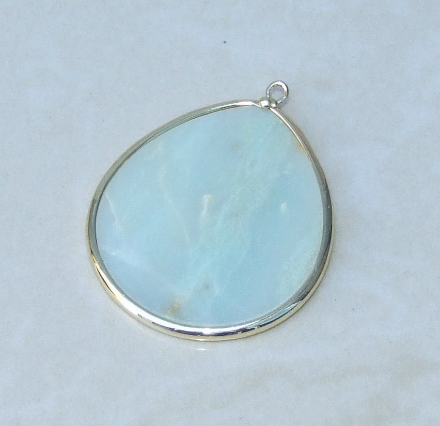 Amazonite Pendant, Gemstone Pendant, Slice Pendant, Gold Plated Bezel and Bail, Teardrop Pendant, Thin and Polished - 32mm x 38mm - EDGBeadsandGems