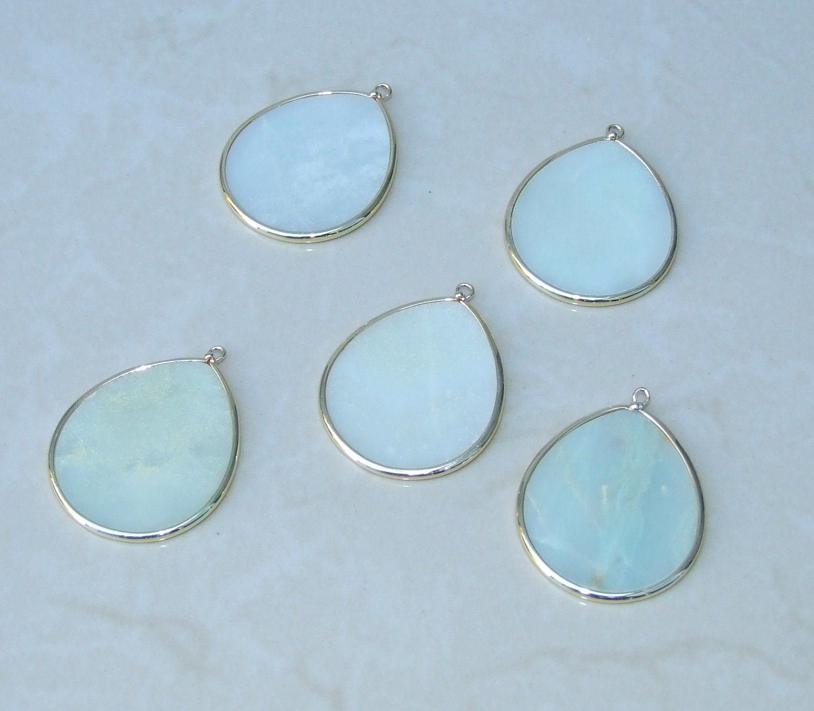 Amazonite Pendant, Gemstone Pendant, Slice Pendant, Gold Plated Bezel and Bail, Teardrop Pendant, Thin and Polished - 32mm x 38mm - EDGBeadsandGems