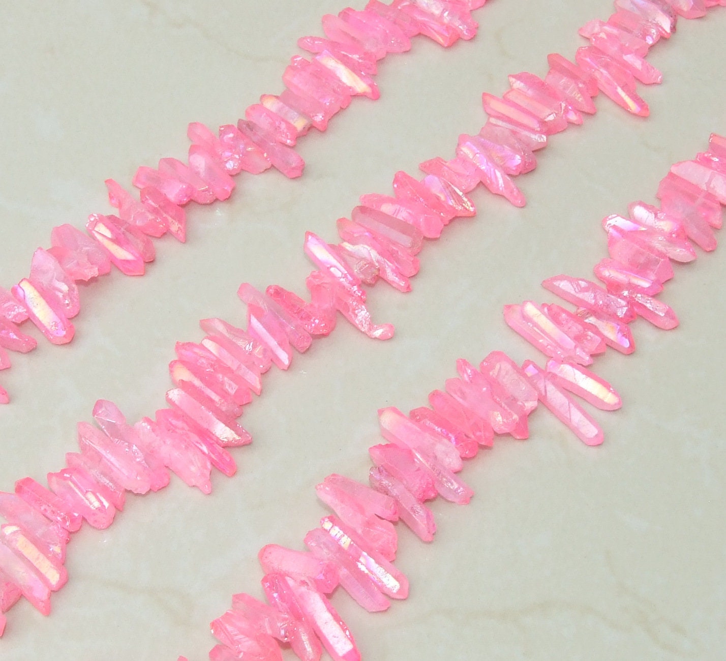 Dark Pink Titanium Quartz Point, Angel Aura Quartz Points Strand, Raw Quartz Points Drilled, Quartz Crystals Points Strand Beads, 20-30mm - EDGBeadsandGems