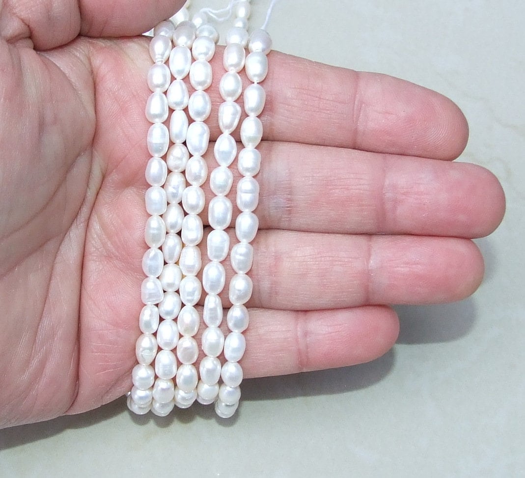 Natural Cultured Freshwater Pearl Beads, Rice Shape, 5mm x 8mm, Half/Full Strand, B03 - EDGBeadsandGems