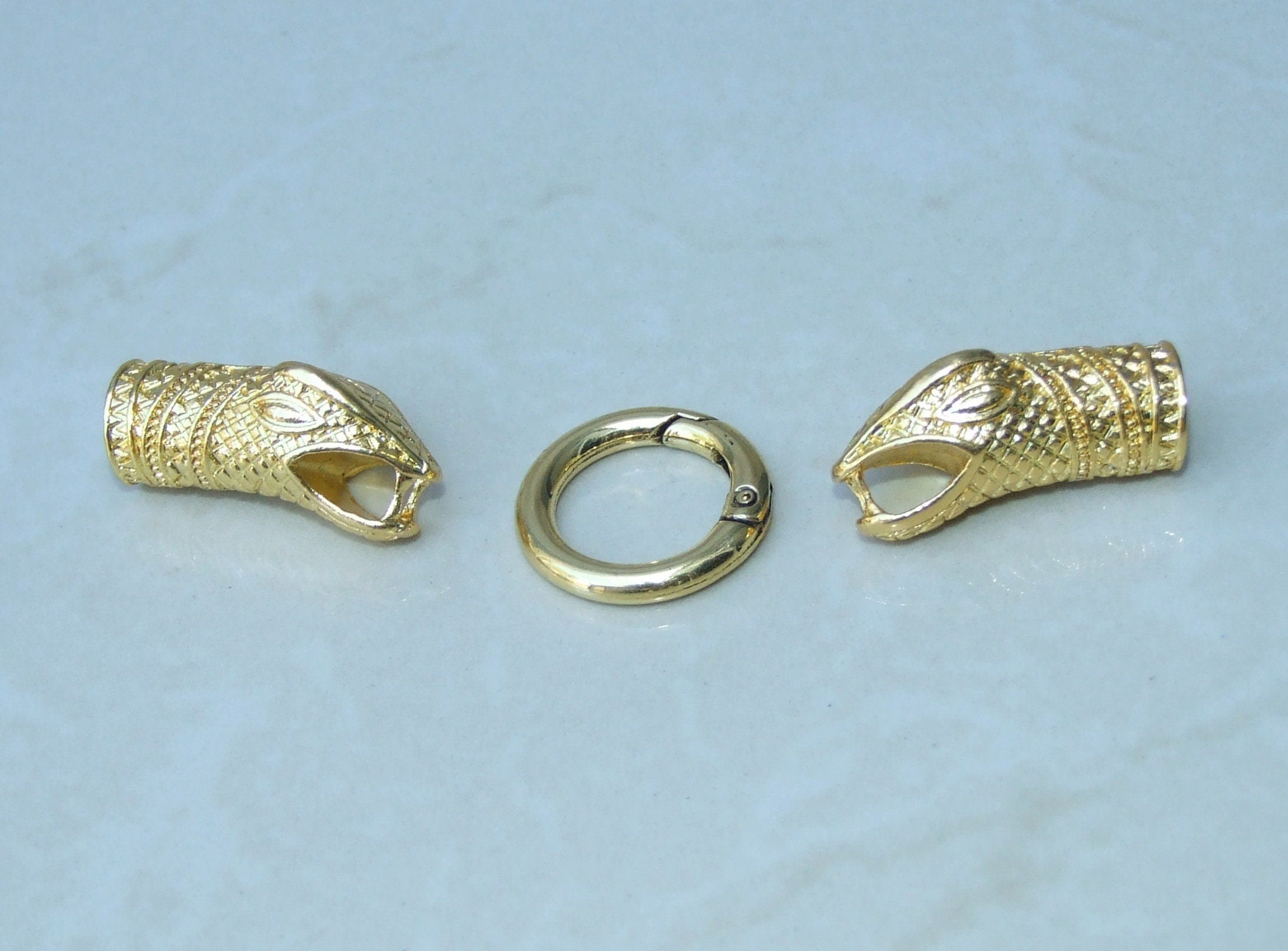 Snake Head Cord End Cap Clasp Lock Ring - Gold Tone - Dragon Head