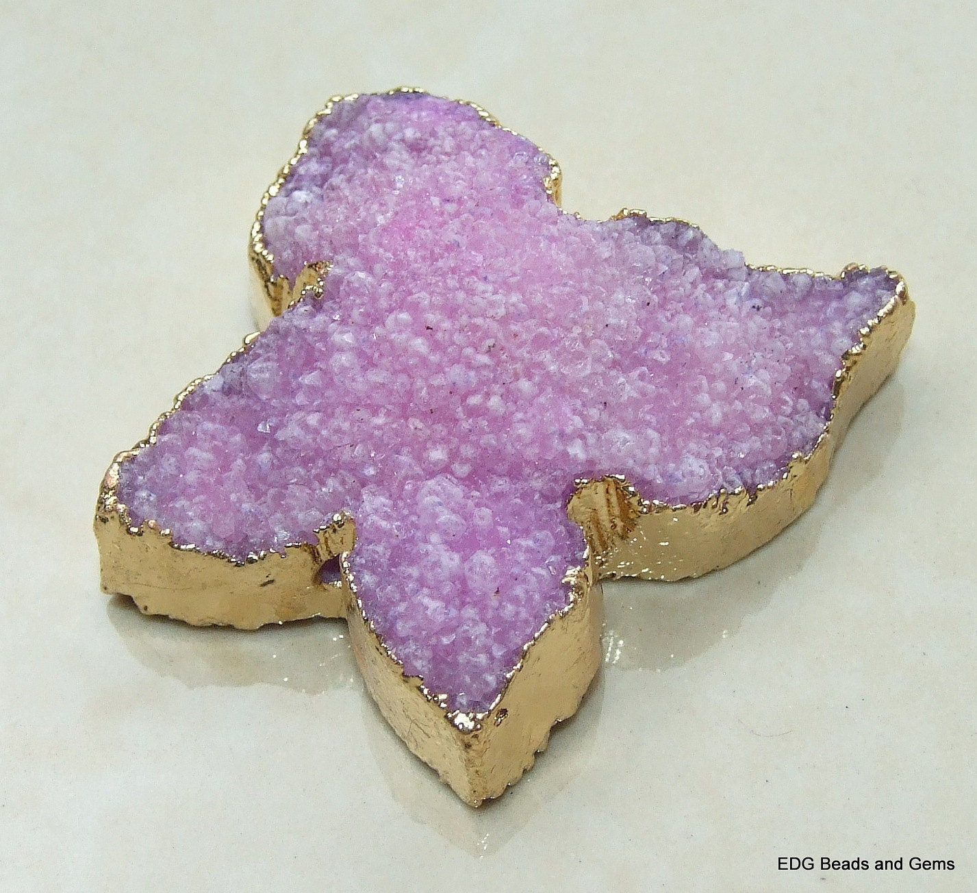 Lavender Druzy Butterfly Quartz Pendant - Quartz Druzy Agate Druzy Pendant - Center Drilled - Gold Plated Edge and Bail - 35mm x 35mm - EDGBeadsandGems