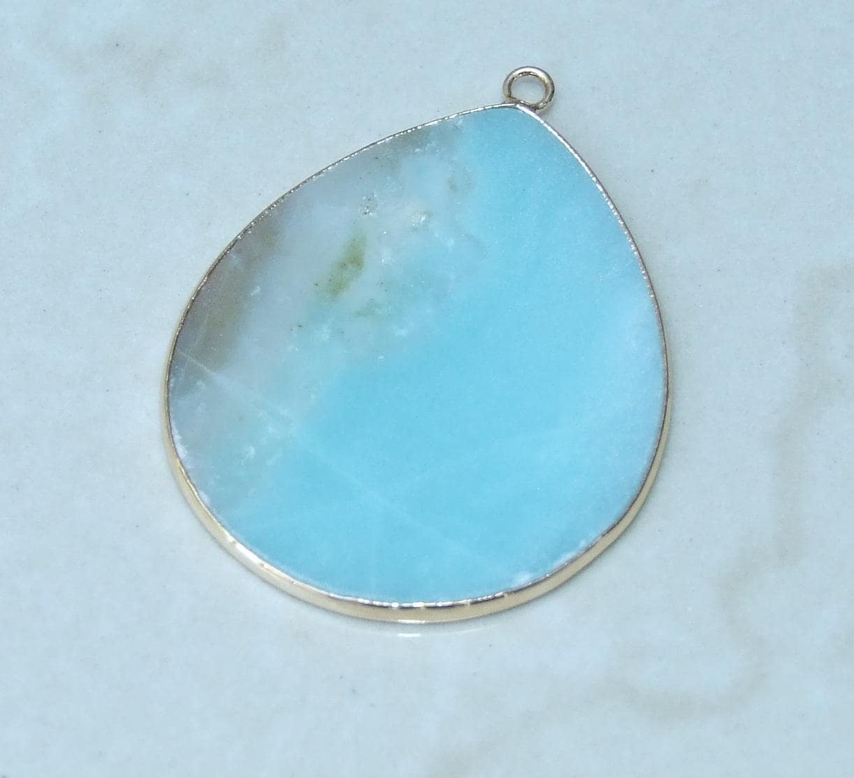 Jade Pendant, Gemstone Pendant, Jade Slice, Polished Jade, Teardrop, Gemstone Beads, Gold Bezel & Bail, Very Thin - 32mm x 38mm - EDGBeadsandGems