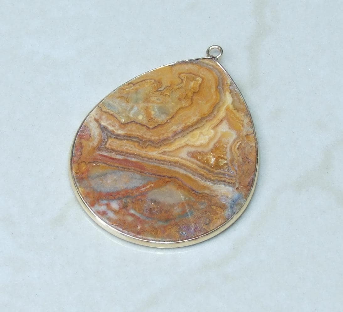 Large Natural Agate Druzy Pendant, Gemstone Pendant, Gold Plated Edge, Agate Slice Pendant, Jewelry Stone Pendant, BOHO - 47mm x 55mm - 6901 - EDGBeadsandGems