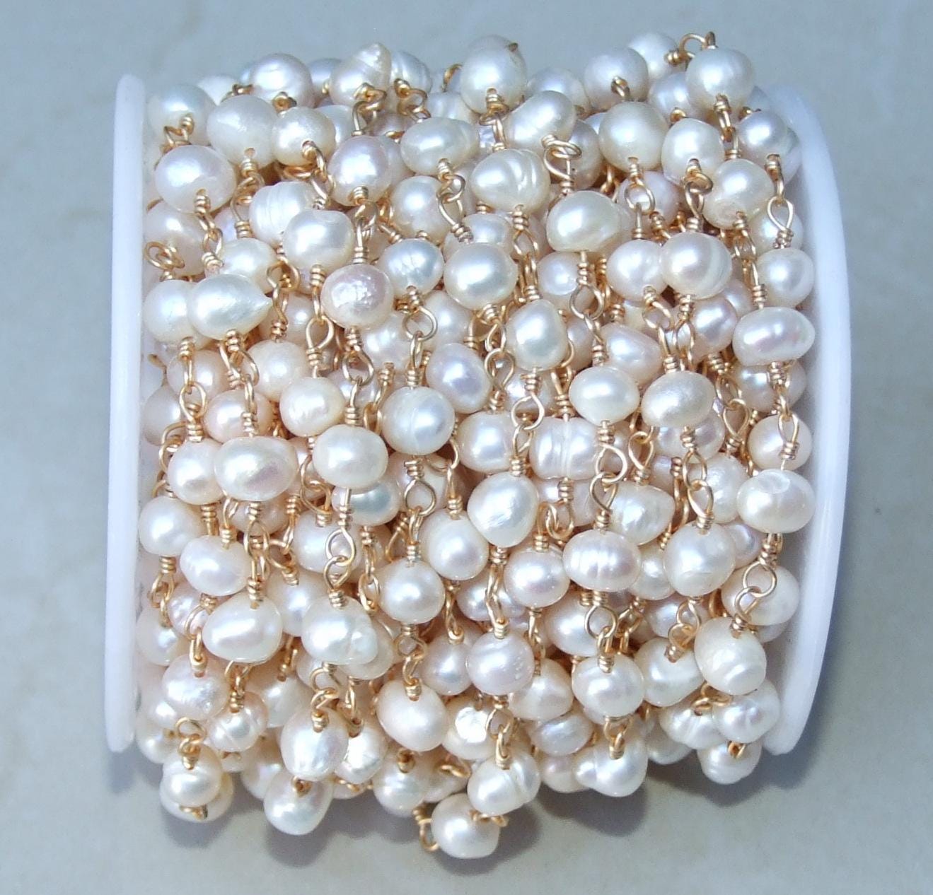 White Freshwater Pearl Rosary Chain, 18K, Wire Wrapped Chain, Natural Freshwater Pearls - Potato Shaped Pearls - 6-7mm - Sold by the Foot - EDGBeadsandGems