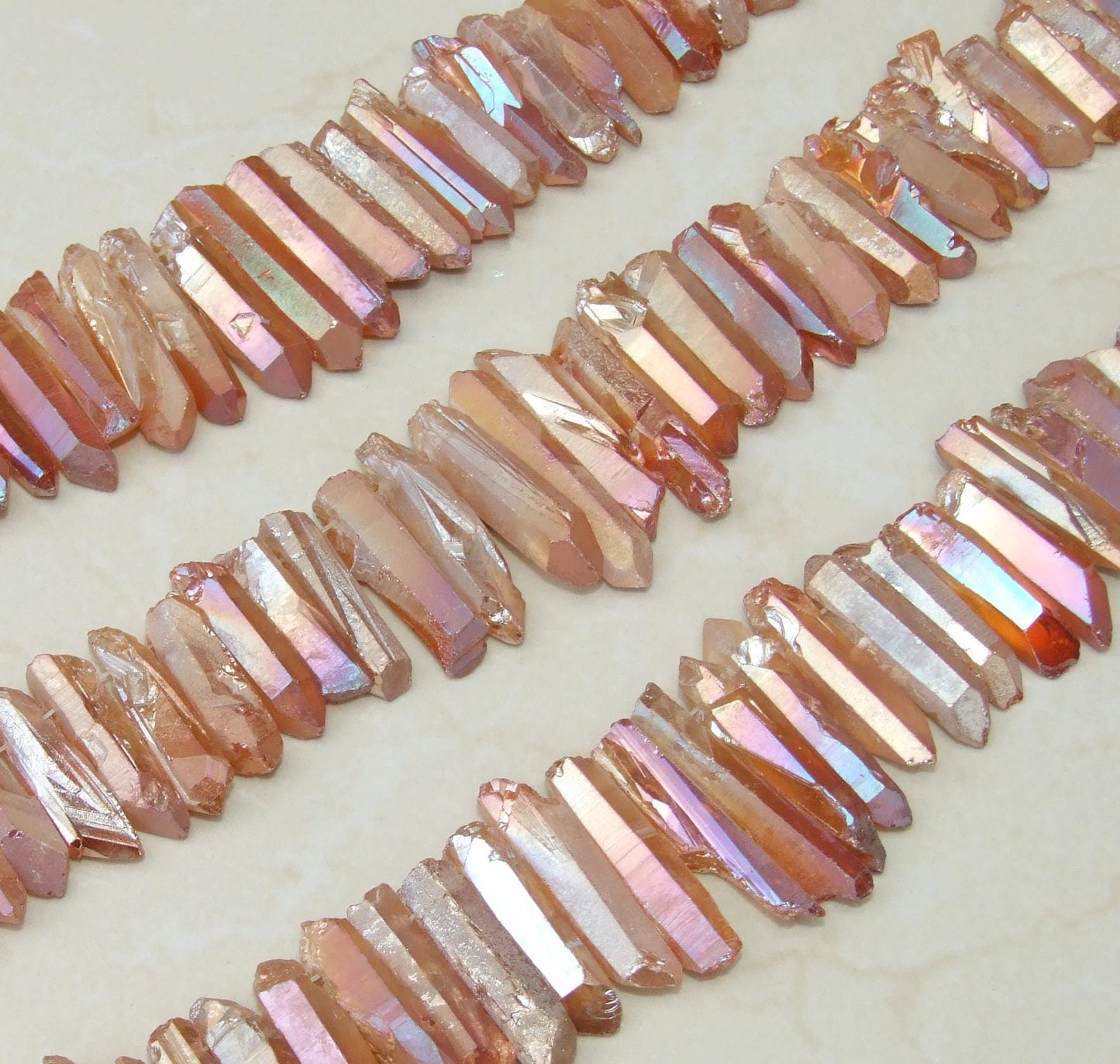 Thick Orange Peach Titanium Angel Aura Quartz Point, Titanium Quartz Points Strand, Raw Quartz, Crystal Point Strand, Gemstone, 20-40+mm - EDGBeadsandGems