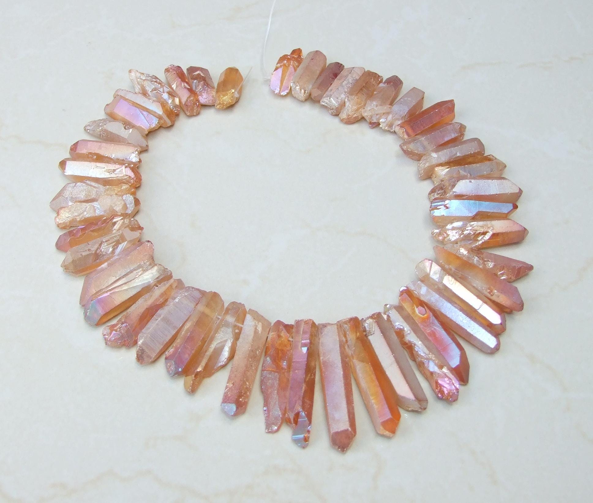 Orange Peach Titanium Angel Aura Quartz Point, Titanium Quartz Points Strand, Raw Quartz, Quartz Crystals Points Strand, Gemstone, 20-40+mm - EDGBeadsandGems