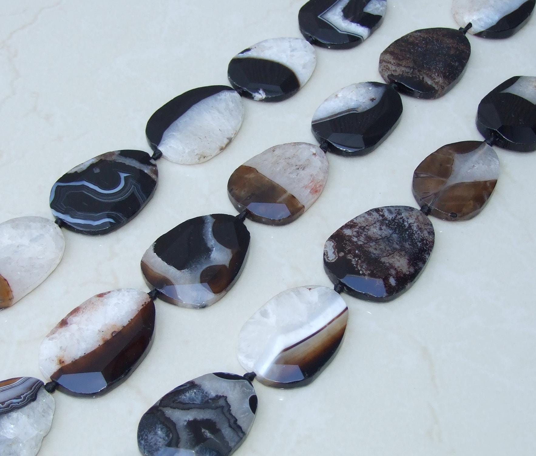 Large Black Agate Quartz Faceted Beads, Druzy Bead Stones, Gemstone Beads, Gemstone Pendant, Druzy Pendant, Center Drilled, 40mm x 55mm - EDGBeadsandGems