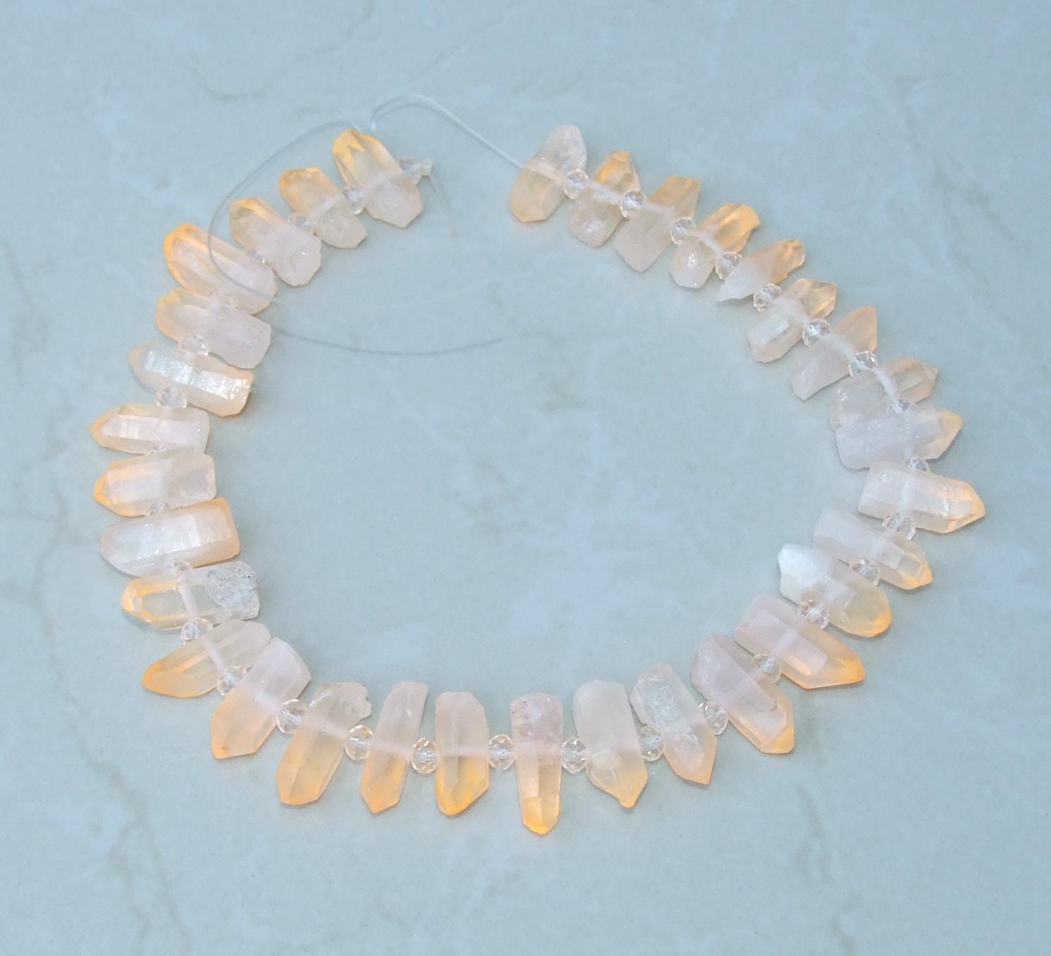 Peach Orange, Raw Champagne Quartz, Titanium Crystal Beads, Terminated Quartz, Quartz Point, Half Strand, 25-28mm x 7-8mm, 15-16 Points - EDGBeadsandGems