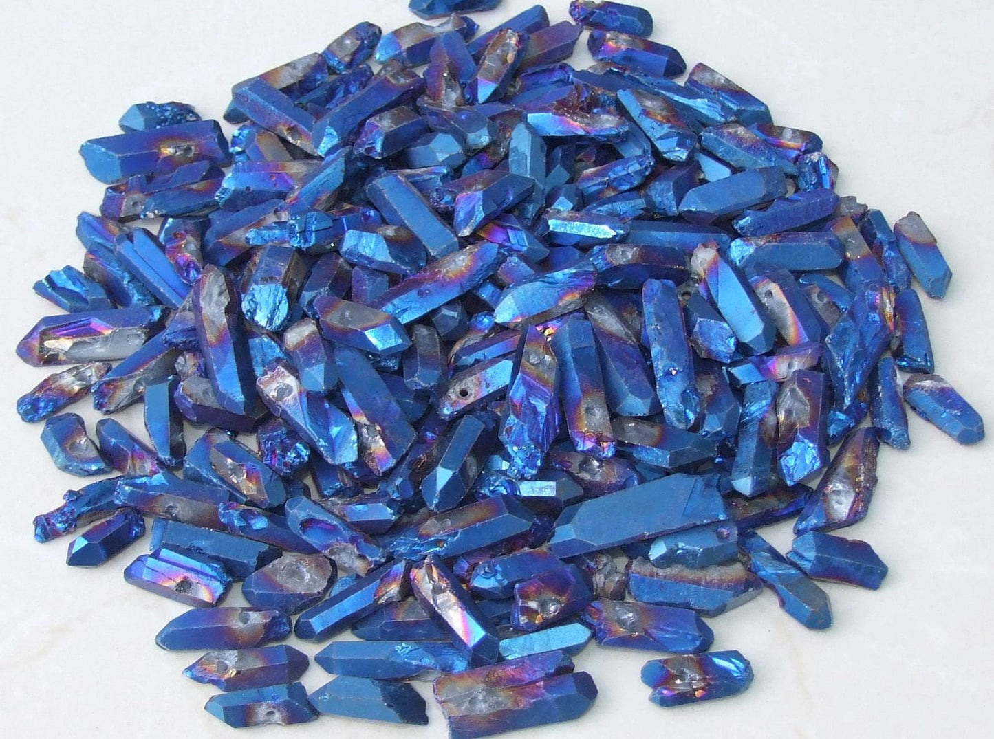 Unstrung Drilled Blue Indigo Raw Titanium Quartz Point, Quartz Beads, Raw Quartz Points, Quartz Crystals Beads, 20-40mm, 25/50 - EDGBeadsandGems