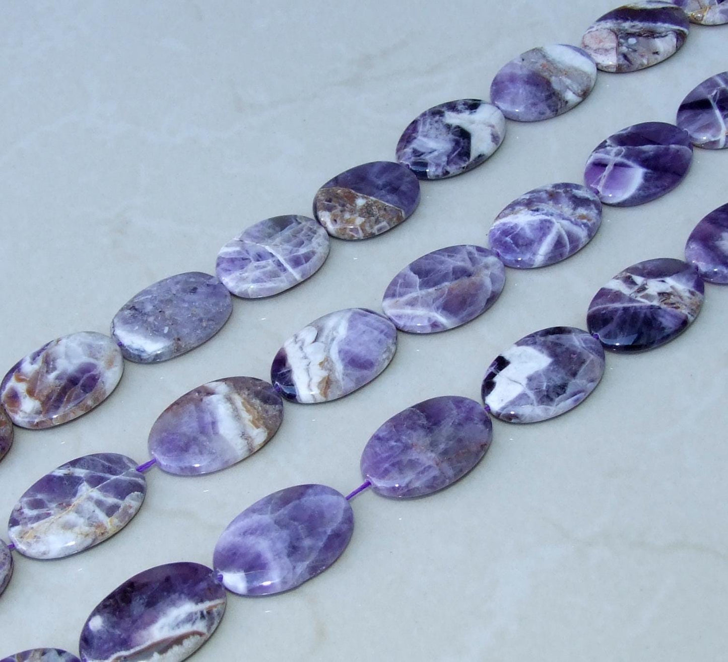 Amethyst Polished Oval Stone, Natural Stone, Gemstone Beads, Center Drilled, Jewelry Stones, Half Strand, 20mm x 30mm - EDGBeadsandGems