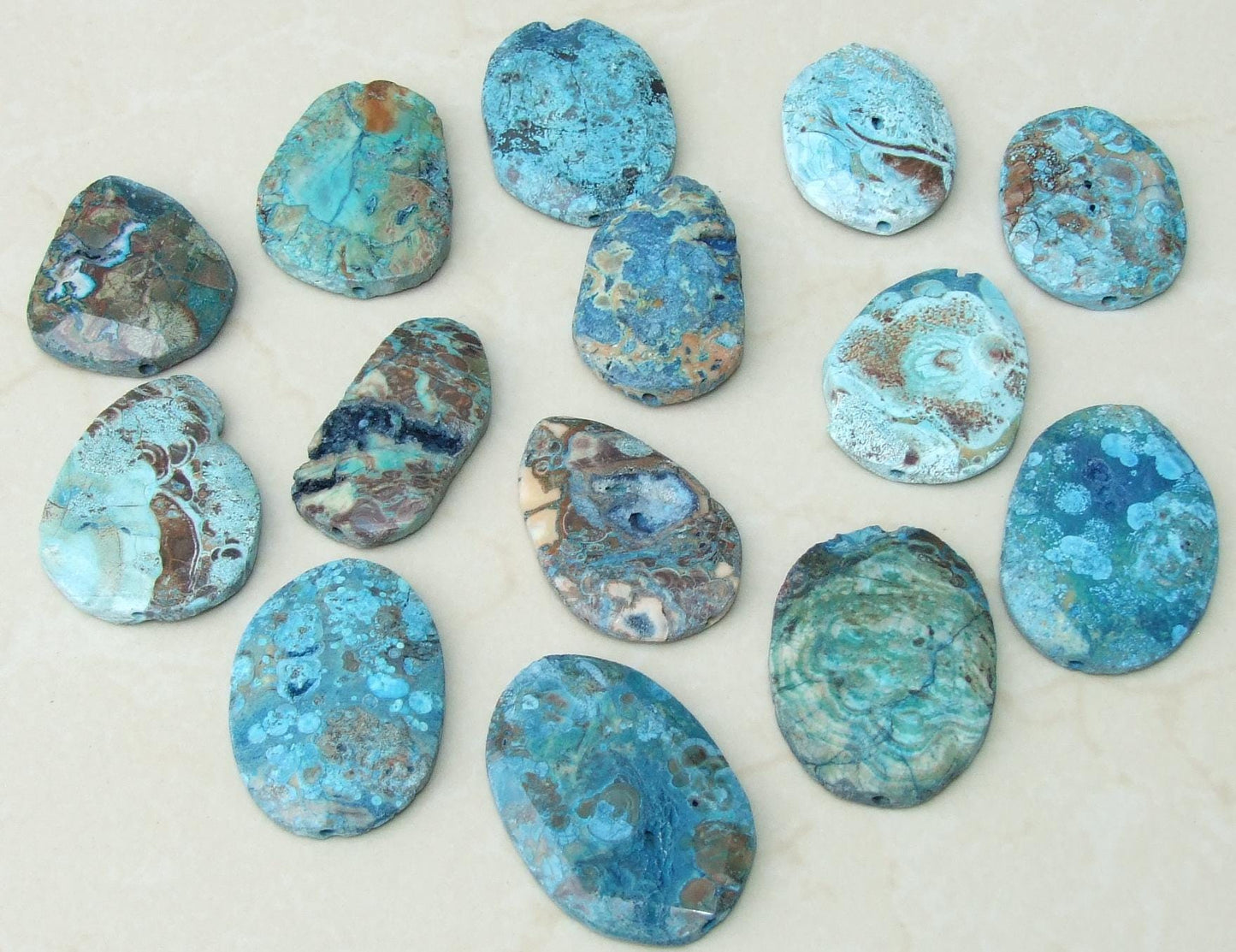 Three (3) Large Distressed Ocean Jasper Faceted Stones - Centered Drilled - Gemstone Pendant - Imperfections, 40mm to 60mm - EDGBeadsandGems
