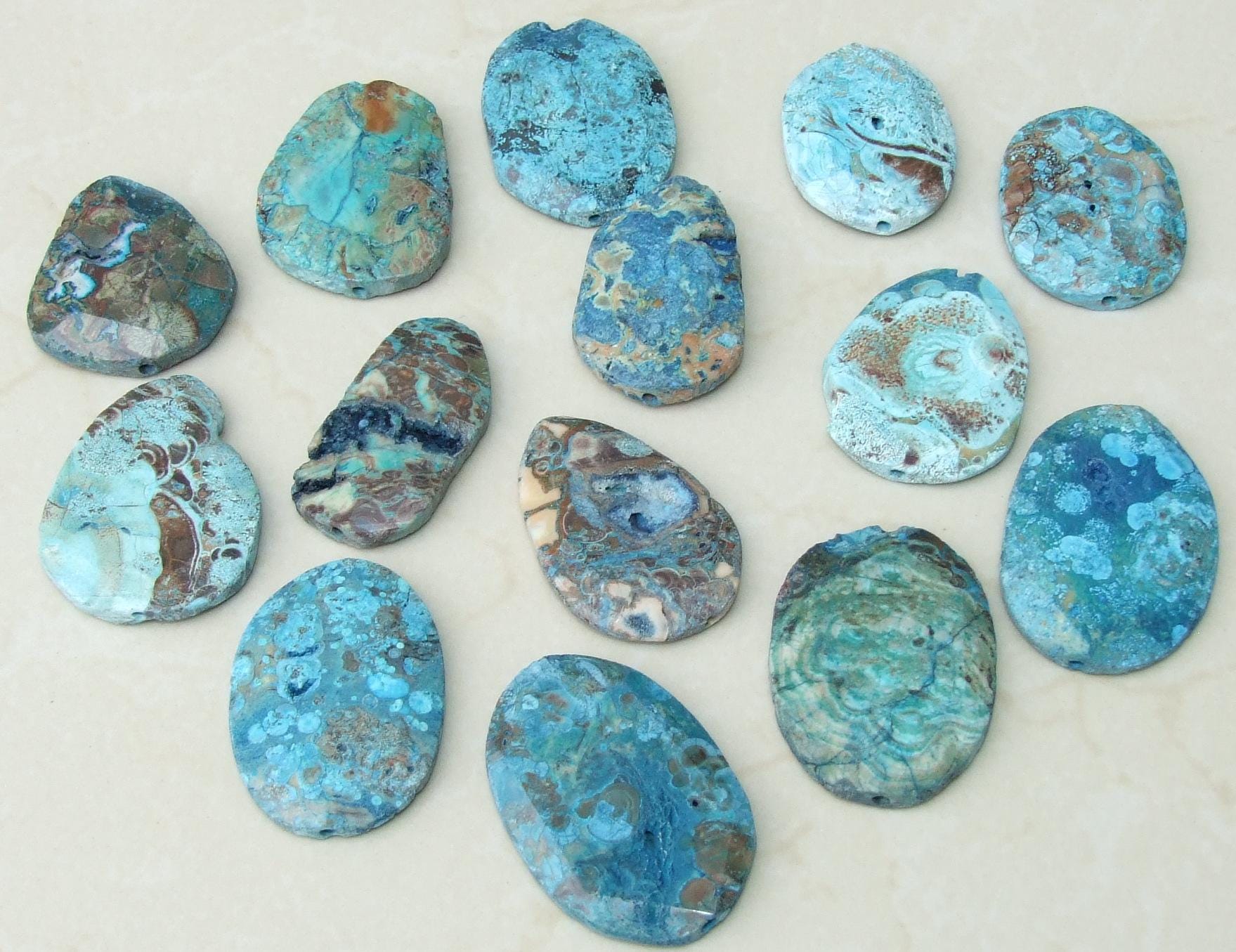 Three (3) Large Distressed Ocean Jasper Faceted Stones - Centered Drilled - Gemstone Pendant - Imperfections, 40mm to 60mm - EDGBeadsandGems