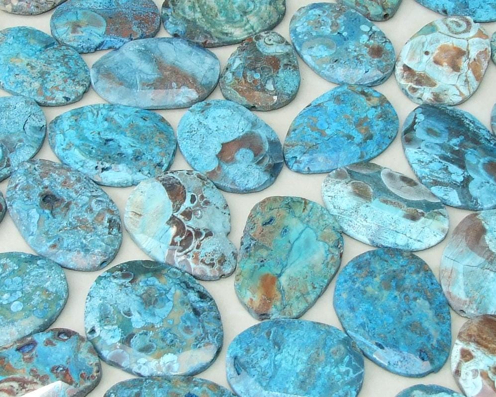Three (3) Large Distressed Ocean Jasper Faceted Stones - Centered Drilled - Gemstone Pendant - Imperfections, 40mm to 60mm - EDGBeadsandGems