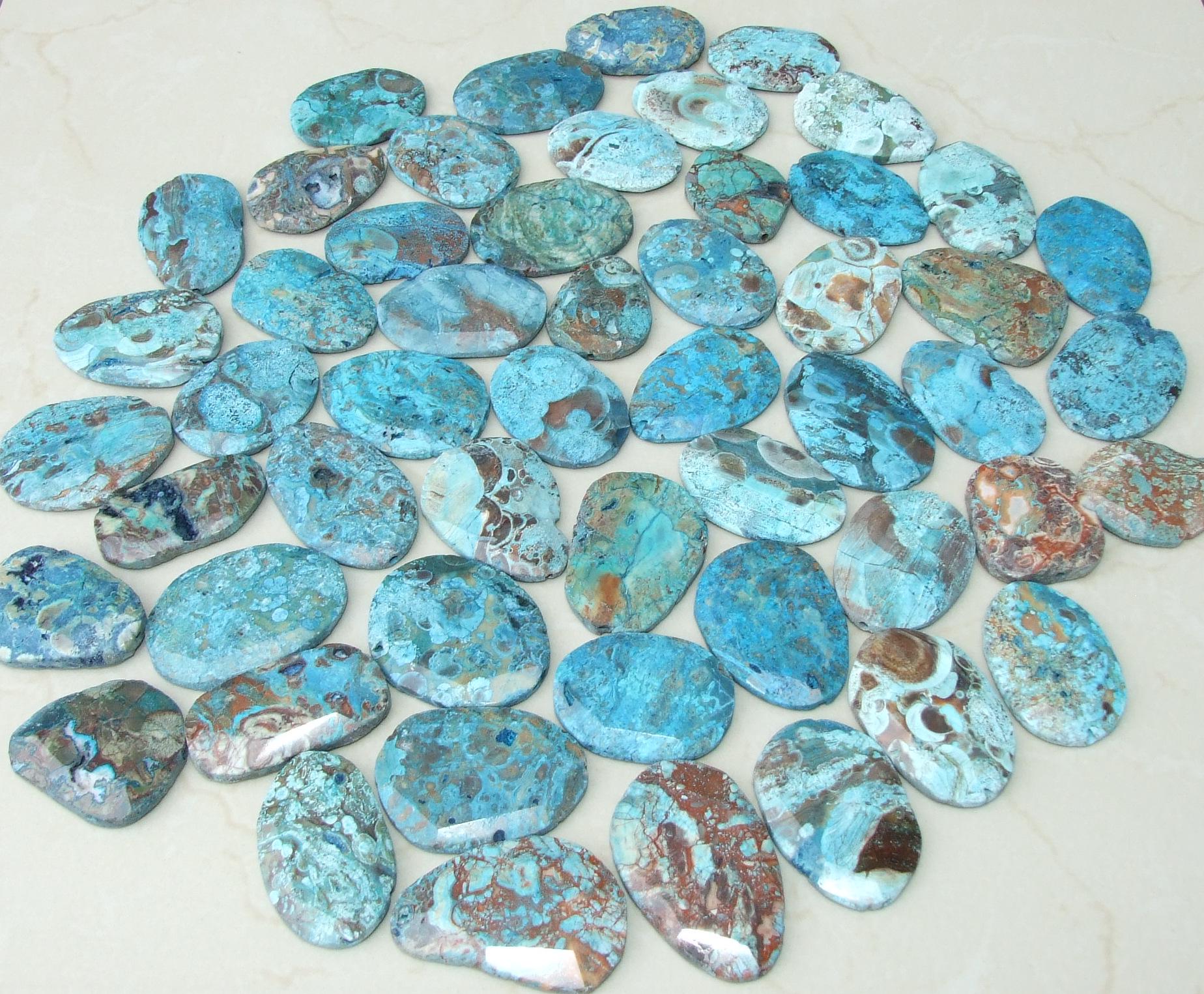 Three (3) Large Distressed Ocean Jasper Faceted Stones - Centered Drilled - Gemstone Pendant - Imperfections, 40mm to 60mm - EDGBeadsandGems