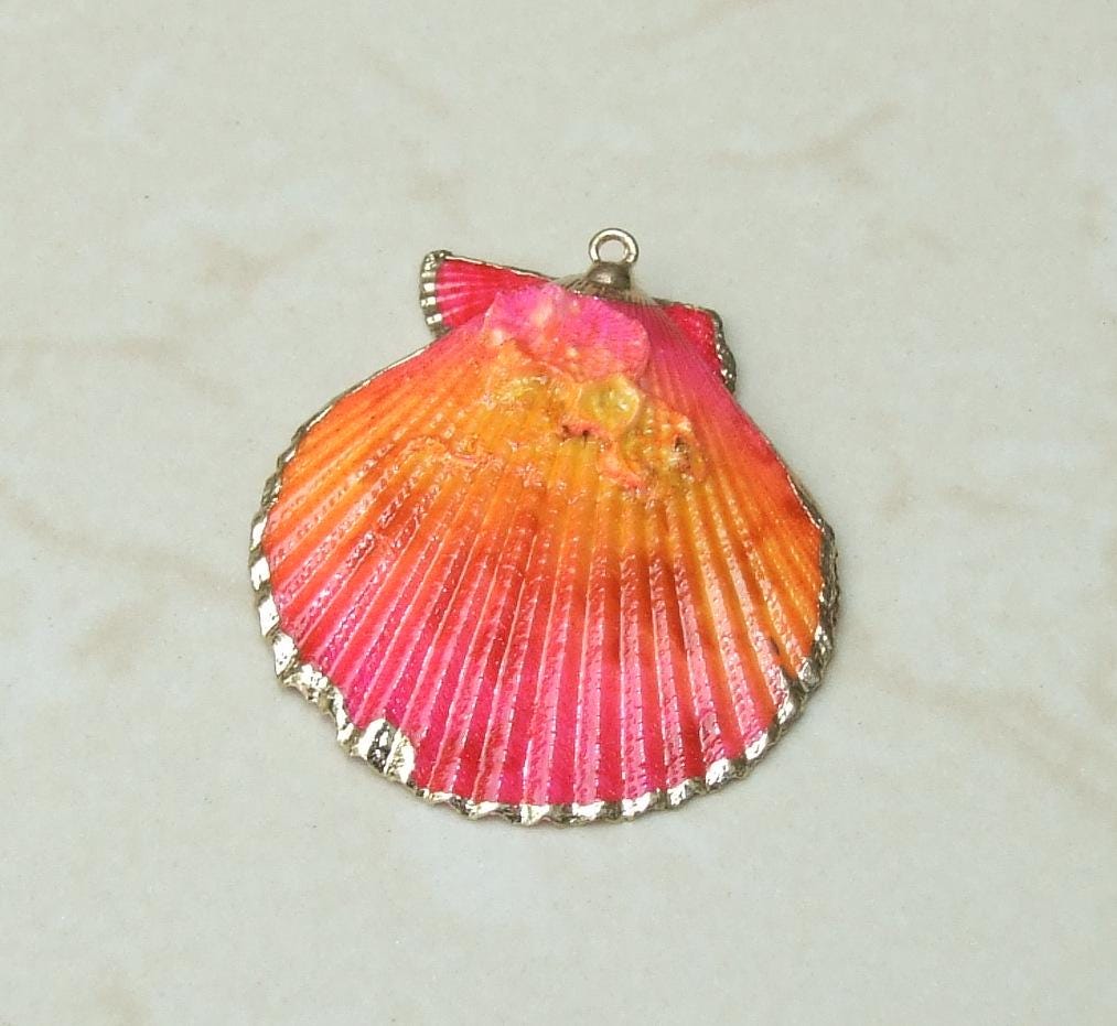 Barnacles, Shell Pendants with Barnacles, Color Washed Scallop Shell Pendant, Gold Edge, Seashell Necklace, Ocean Beach Jewelry, 45-65+mm - EDGBeadsandGems