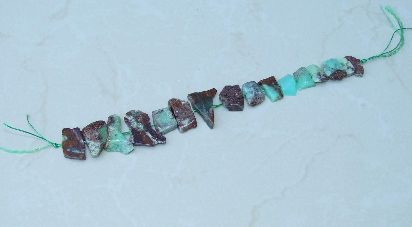 Chrysoprase Freeform Polished Slab Slice Nugget, Gemstone Beads, Green Brown Color Matrix, 9 Inch Strand, 15mm - 28mm - 4225 - EDGBeadsandGems